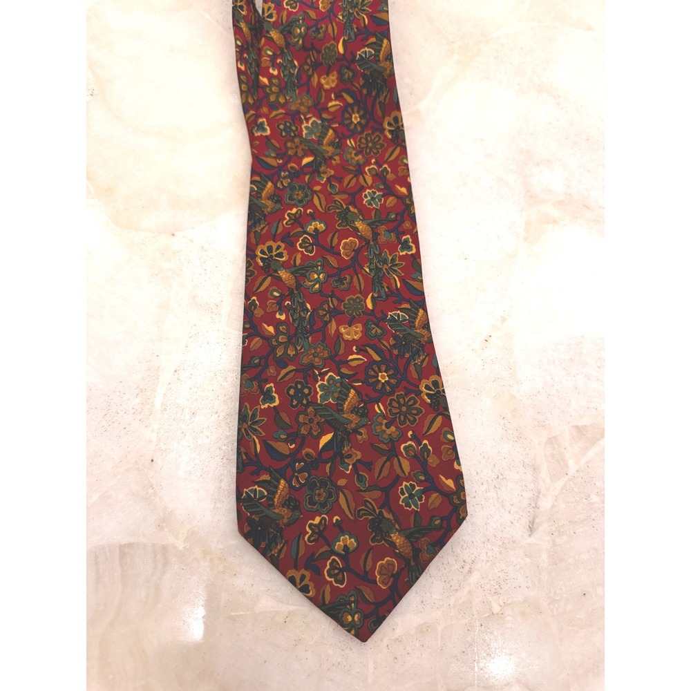 Brooks Brothers Makers Silk Tie Red Bird Floral Pattern Hand Made USA Mens